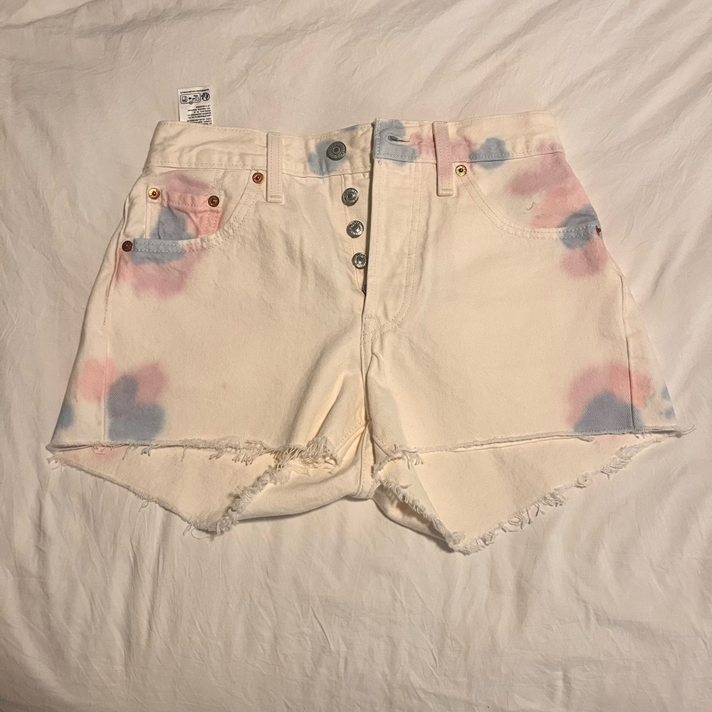 Levi's Cream and Pink Jean Shorts with Tie-Dye Effect